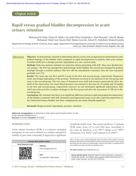 Pdf Rapid Versus Gradual Bladder Decompression In Acute Urinary Retention
