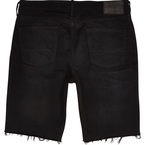 River Island Black Ripped Frayed Hem Denim Shorts In Black For Men Lyst