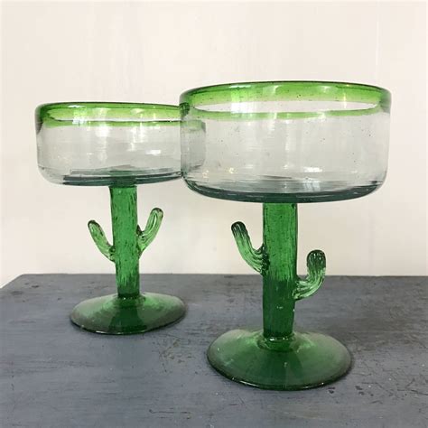 Vintage Margarita Glasses Green Cactus Glass Hand Blown Etsy Vintage Margarita Glasses