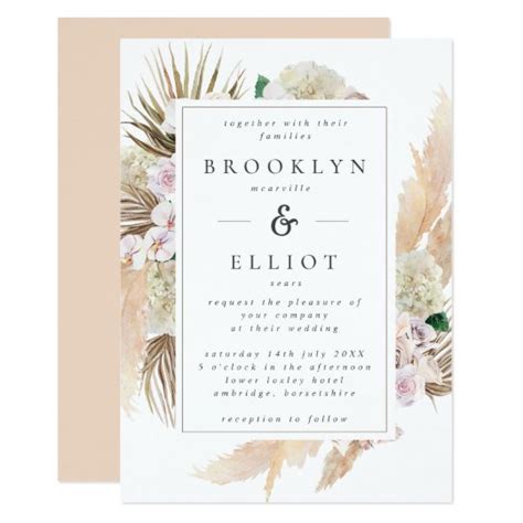 Long, flowy dresses, floral crowns, and a free spirit are all quintessential for the boho chic wedding theme. Watercolor Pampas Grass & Flowers Boho Wedding Invitation ...