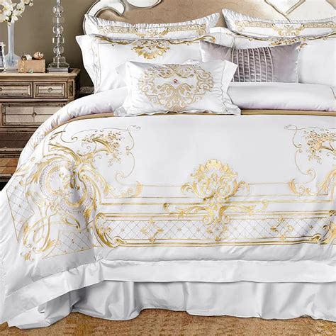 Luxury Cream White 100s Egyptian Cotton Embroidery Bedding Sets Queen King Royal Duvet Cover Bed