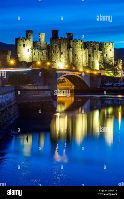Conwy Castle Illuminated Above The River Conwy At Night Conwy North