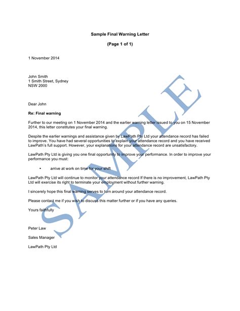 _ warning letter to employee samples. Final Warning Letter Sample - Lawpath