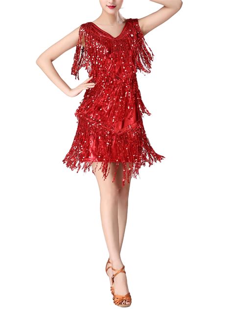 Focusnorm Women Sequin Tassel Mini Dress Shiny Fringe Hem Sleeveless V Neck Dance Dress Sparkle