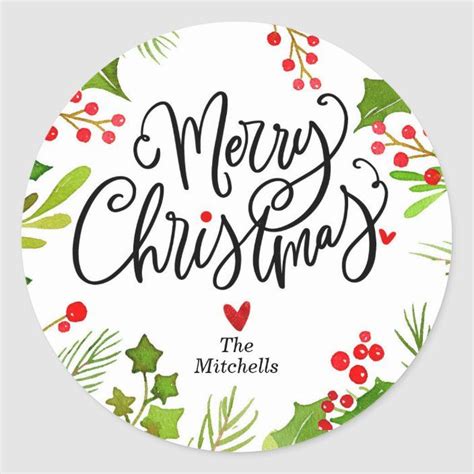Merry Christmas Sticker With Holly And Berries On The Bottom In Black