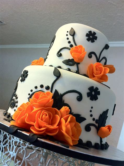 Orange Wedding Cake Tier Wedding Cake With Black Floral Pattern And