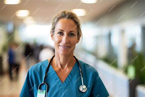 Premium Ai Image Portrait Of Smiling Mature Female Doctor With Stethoscope In Hospital Corridor