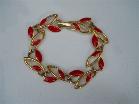 Trifari Bracelet Red Enamel Leaves Link Mid Century Etsy