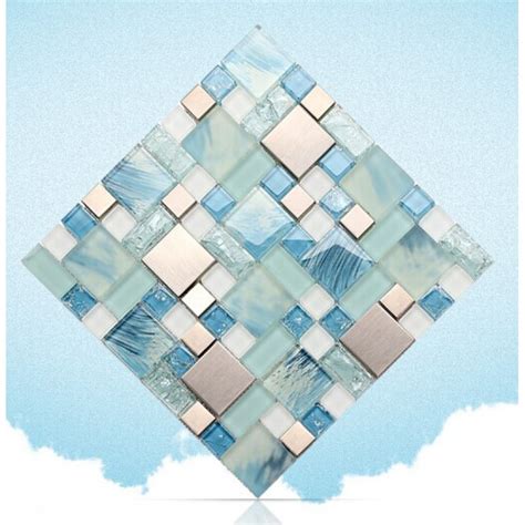 Blue Glass Mosaic Sheets Stainless Steel Backsplash Crackle Crystal