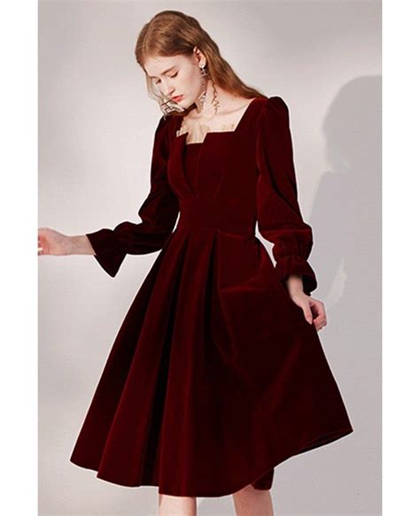 Buy Burgundy Pleated Velvet Retro Party Dress With Long Sleeves High Quality At Affordable Price