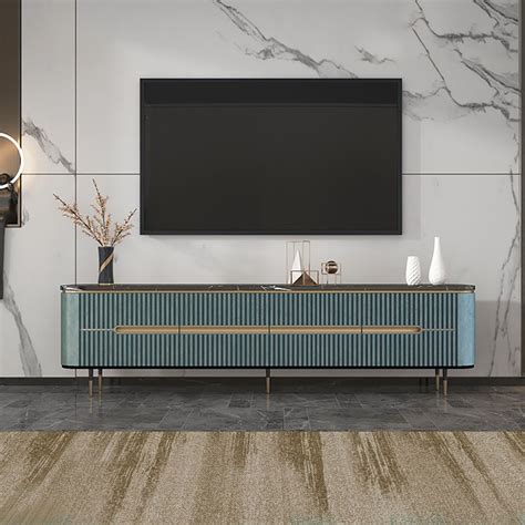 Modern Blue Tv Stand Black Faux Marble Top 4 Door Tv Console