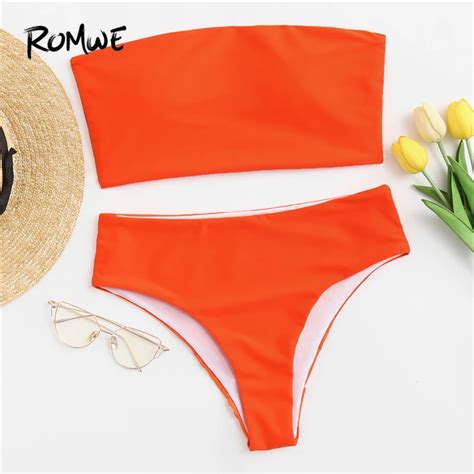 romwe orange bikini set sexy beach bandeau swimwear women 2018 new summer sport plain slim