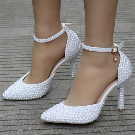 Crystal Queen Pointed Toe White Pearl Wedding Shoes Thin Heels Shoes