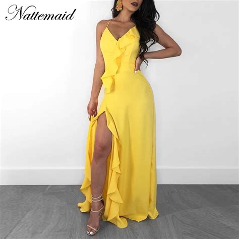 Buy Nattemaid Red Yellow Chiffon Ruffle Dress Women Elegant Backless Split Maxi