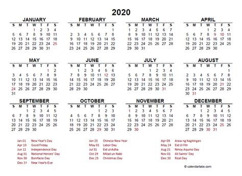 2020 Philippines Calendar For Vacation Tracking Free Printable