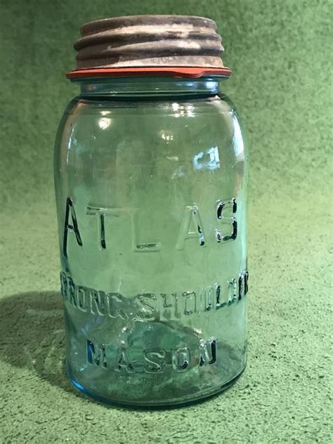 Vintage Blue Glass Atlas Strong Shoulder Mason Jar Image Old Glass