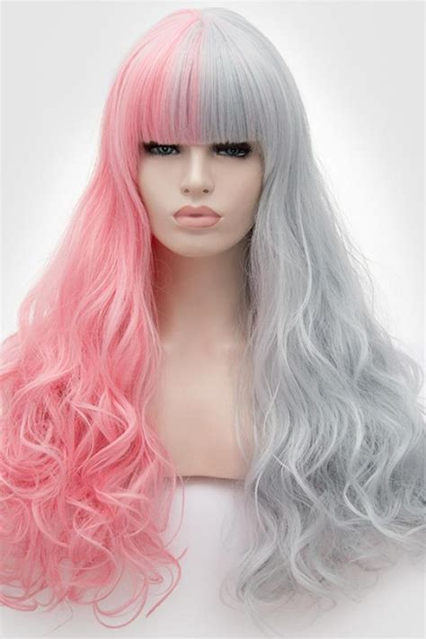 Half Pink Half Grey Long Wavy Non Lace Wefted Wig Synthetic Wigs