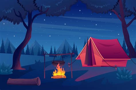 Trekking With Tent In Forest Concept In Flat Cartoon Design Night