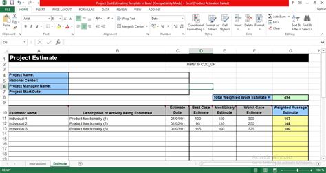 Project Cost Estimation Excel Template