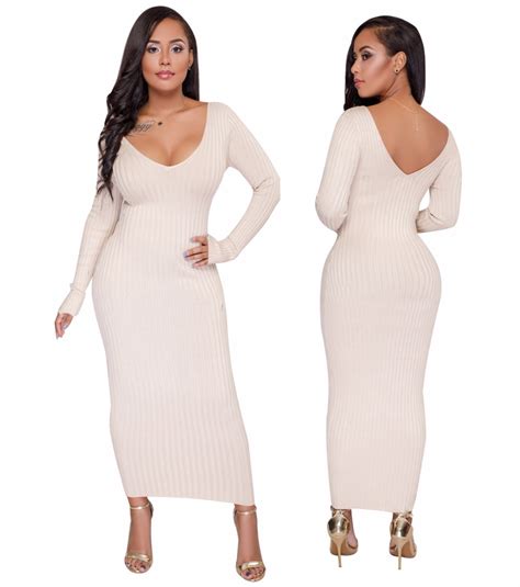 Buy Winter V Neck Knitted Maxi Bodycon Dresses Sexy