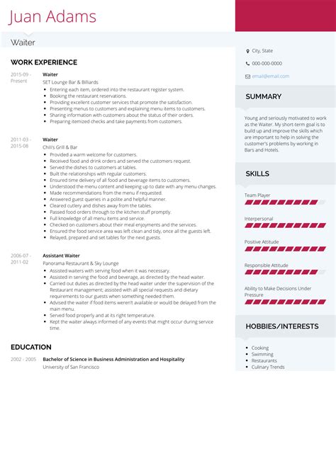 Every person's cv will be unique according to their own experience and target roles. Waiter - Resume Samples and Templates | VisualCV