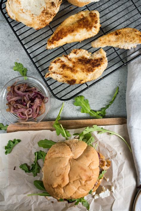 Place 1 slice of provolone on each chicken breast, and top the cheese with 4 asparagus spears per breast. Panko and Almond Crusted Chicken Sandwich with Sautéed Onions, Arugula and Goat Cheese ...