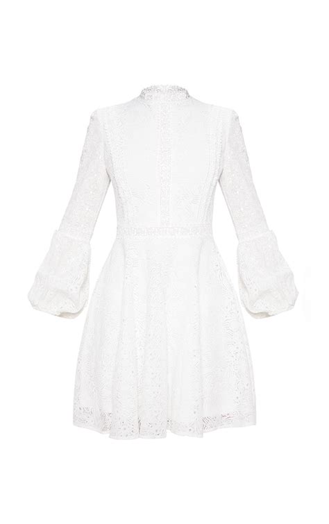 White Lace Long Sleeve Skater Dress Dresses Prettylittlething