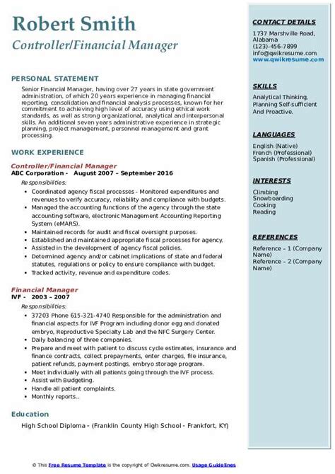 Financial administrator resume examples & samples. Financial Manager Resume Samples | QwikResume