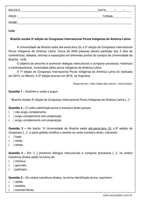 Atividades Com Verbos 7o Ano
