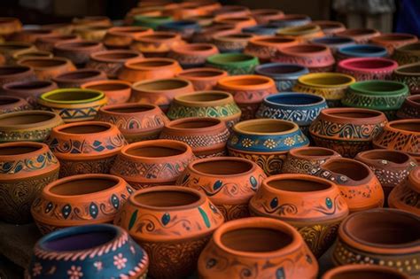 Premium Ai Image Clay Pots With Rangoli Patterns On Them Generative Ai