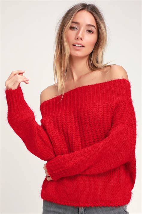 Red Sweater Eyelash Knit Sweater Off The Shoulder Sweater Lulus