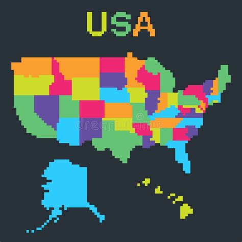 50 Usa States Map Pixel Perfect Icons For Black Background Stock Vector