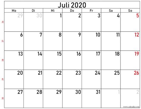 Juli 2020 Kalender Kostenlos Leer Und Druckbar