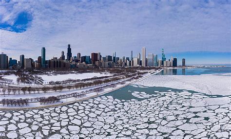 Chicago Skyline Frozen Lake Michigan Aerial View Skyscraper Downtown