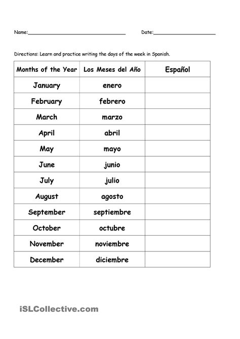 13 Spanish Months Worksheet