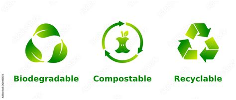 Biodegradable Compostable Recyclable Sign Set Three Green Icons On