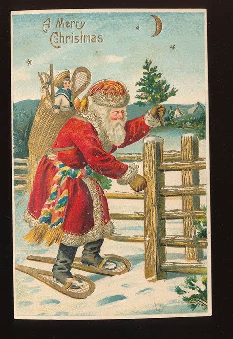 Santa Claus In Snowshoes With Toys Antique Christmas Antique Postcard