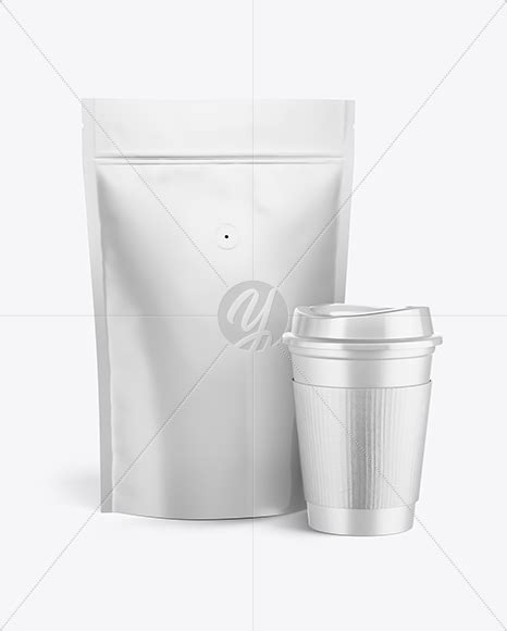 Matte Pouch W Coffee Cup Mockup On Yellow Images Object Mockups