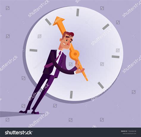 Businessman office worker character trying stop turn push time arrow