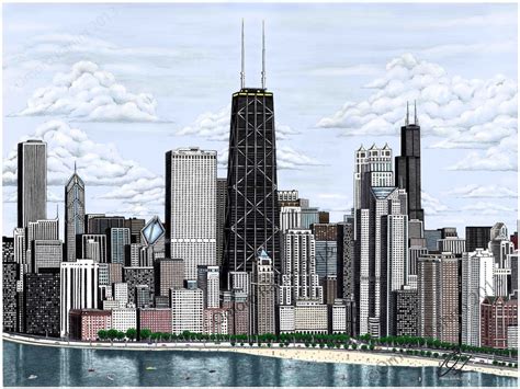 18x24 Inch Chicago Skyline Drawing Print Oakstreet Beach View From