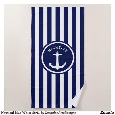 Nautical Blue White Stripes Anchor Beach Towel Nautical