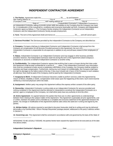 Here's how to fill out form. Free One (1) Page Independent Contractor Agreement Form ...