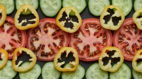 Tomato Cucumbers And Pepper Vegetable Slices On A Black Background