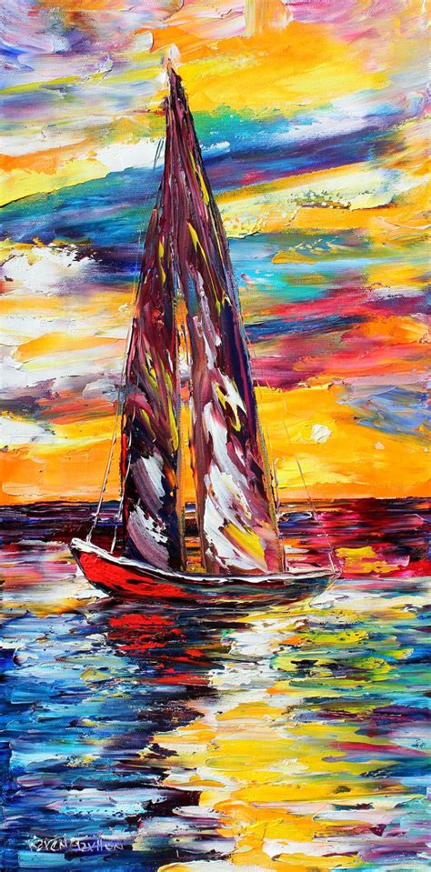 Original Sunset Sail Boat Modern Palette Knife Painting