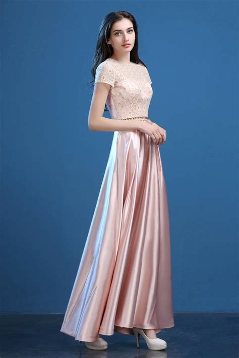 Modest Sheath Long Blush Pink Silk Satin Lace Evening Prom Dress With Sleeves Blush Pink Prom