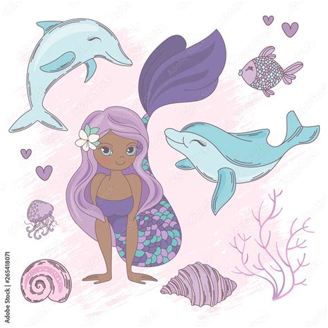 Dolphin Kiss Mermaid Princess Sea Animals Underwater Cartoon Ocean