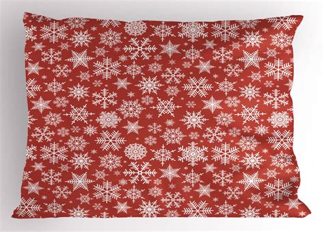 Red Pillow Sham Various Different Snowflakes With Rich Details Festive
