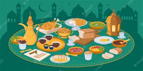 Premium Vector Iftar Ramadan Banner With Food And Drinks Eating