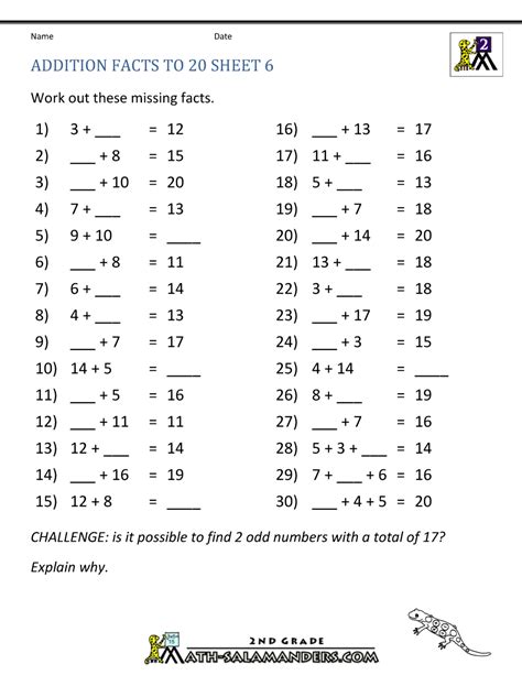Printable Addition Facts To 20