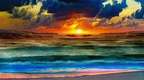 Ocean Sunset Oil On Canvas 4k Ultra Hd Wallpaper Background Image